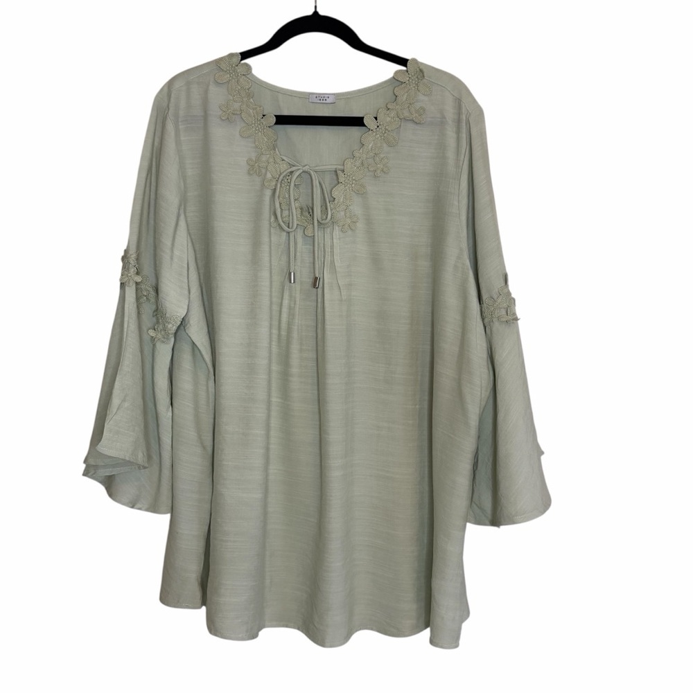 2/$30 Cato Sage Green Blouse with Floral Details and Bell Sleeves